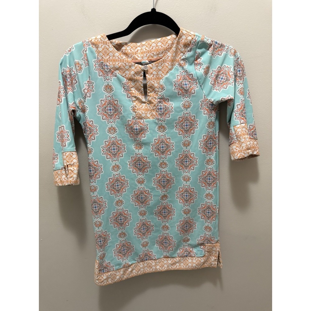 Cabana Life Aqua & Orange Medallion Print Rashguard Tunic – Size 10 Girls
